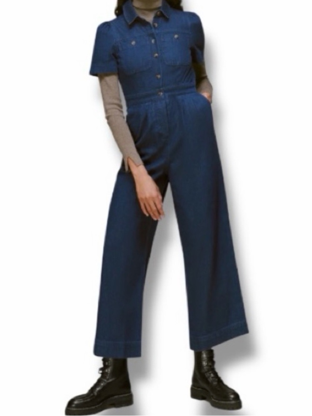Whistles Emma Denim Wide Leg Jumpsuit Size 14 Dark Wash